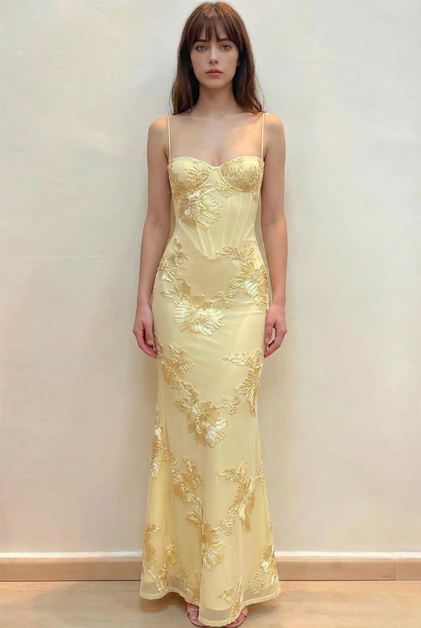 Elegant Mermaid Floral Embroidered Lace Up Yellow Prom Dress