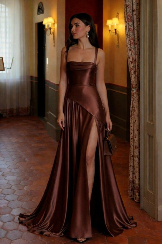 Elegant Mermaid Spaghetti Straps Dark Brown Long Evening Dress with Ruffles