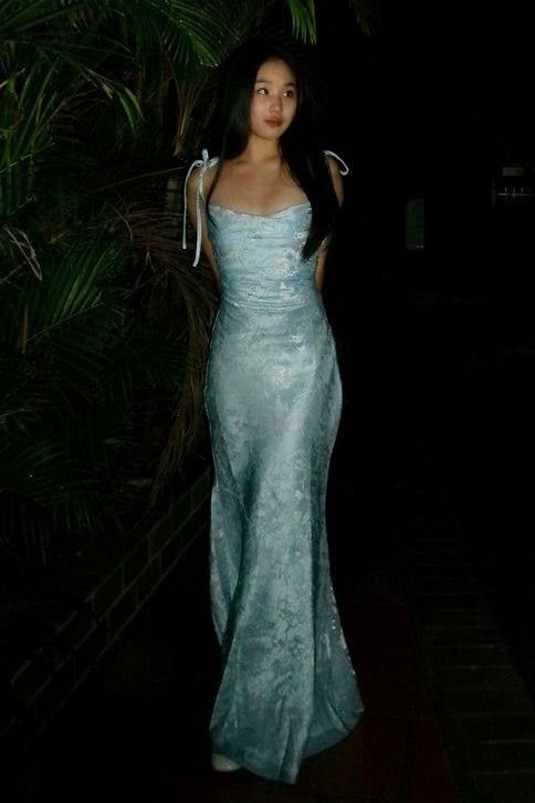 Elegant Mermaid Spaghetti Straps Light Blue Long Prom Dress