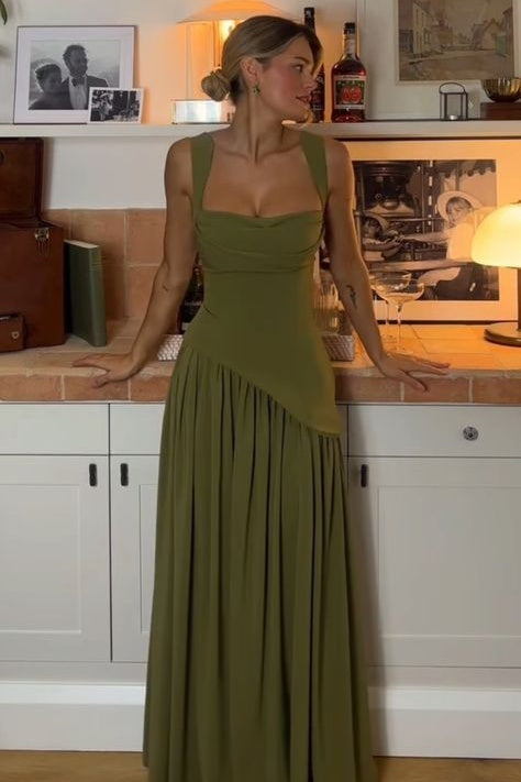 Elegant Mermaid Square Neck Green Long Prom Dress with Ruffles