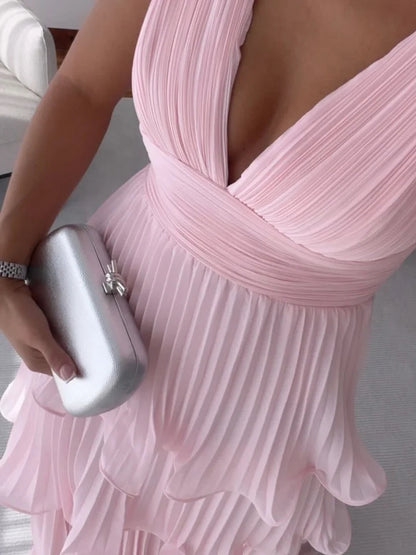 Elegant Pink Ruffles V-Neck Sleeveless Pleated Long Prom Dress