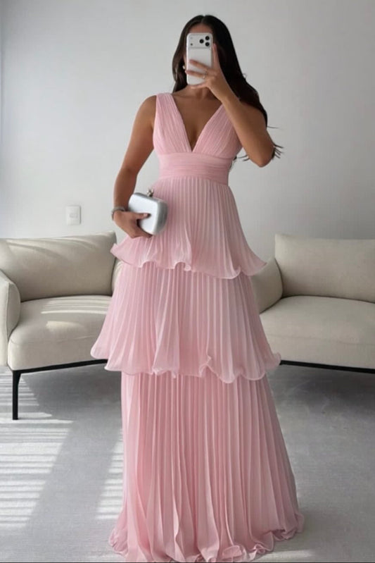 Elegant Pink Ruffles V-Neck Sleeveless Pleated Long Prom Dress