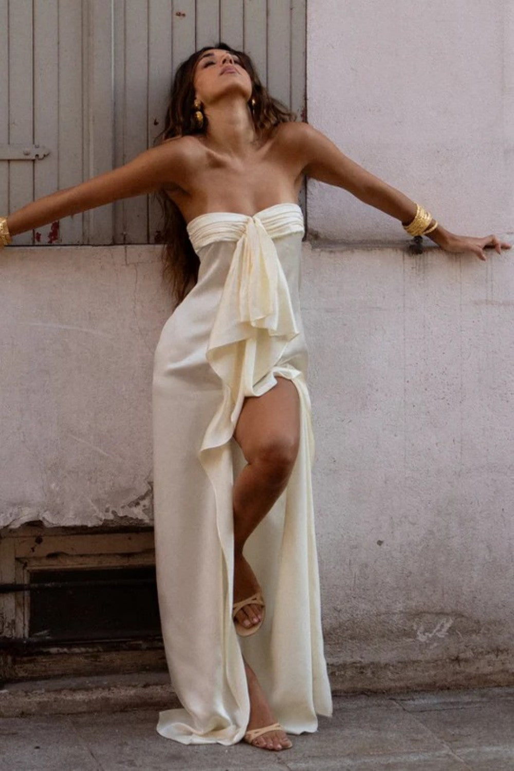 Fashionable Mermaid Strapless Ivory Long Prom Dress with High Slit
