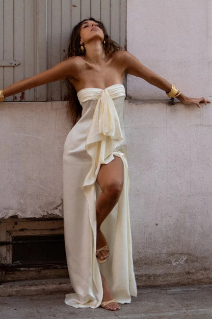 Fashionable Mermaid Strapless Ivory Long Prom Dress with High Slit