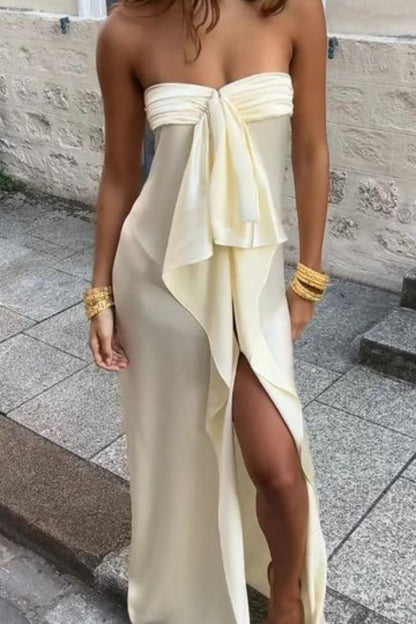 Fashionable Mermaid Strapless Ivory Long Prom Dress with High Slit