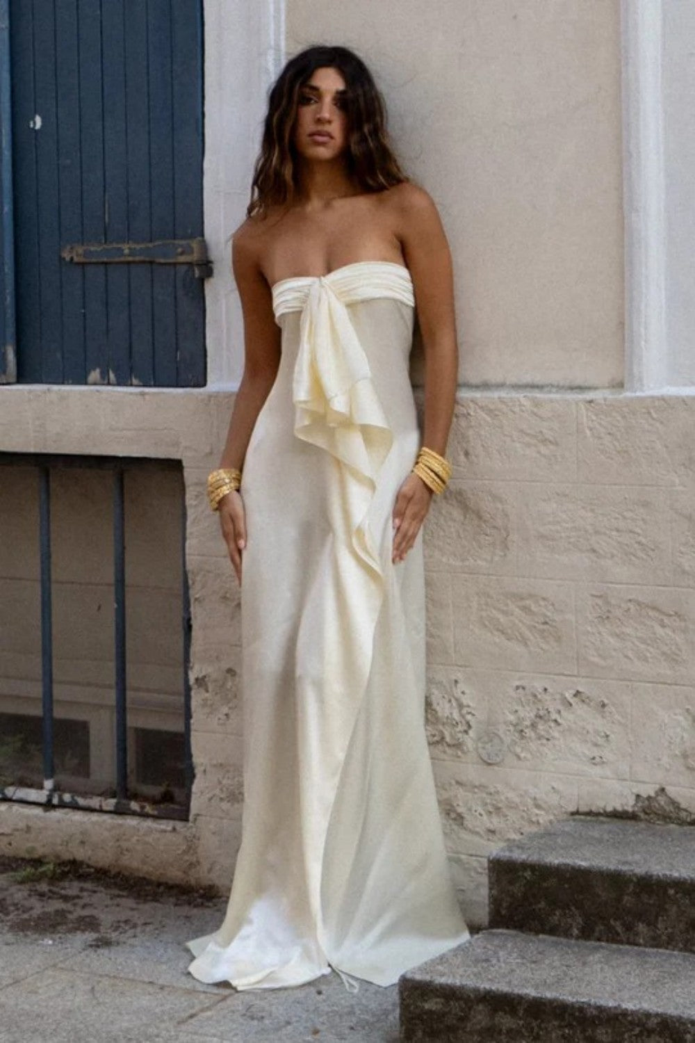Fashionable Mermaid Strapless Ivory Long Prom Dress with High Slit