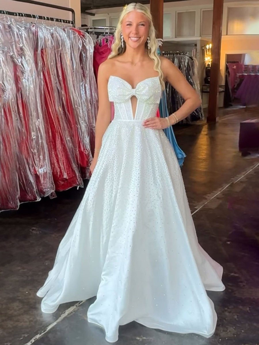 Navy Blue - Strapless Satin Beaded A Line Long Prom Dresses With Bow