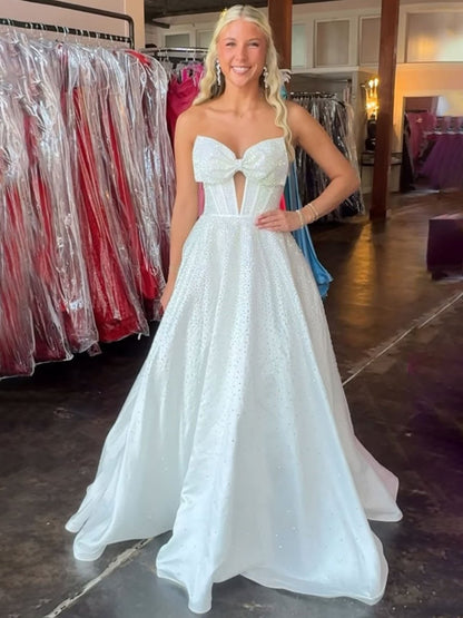 Navy Blue - Strapless Satin Beaded A Line Long Prom Dresses With Bow