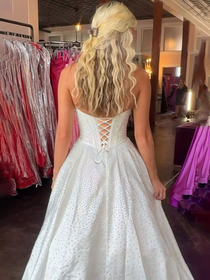 Navy Blue - Strapless Satin Beaded A Line Long Prom Dresses With Bow