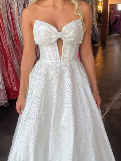 Navy Blue - Strapless Satin Beaded A Line Long Prom Dresses With Bow