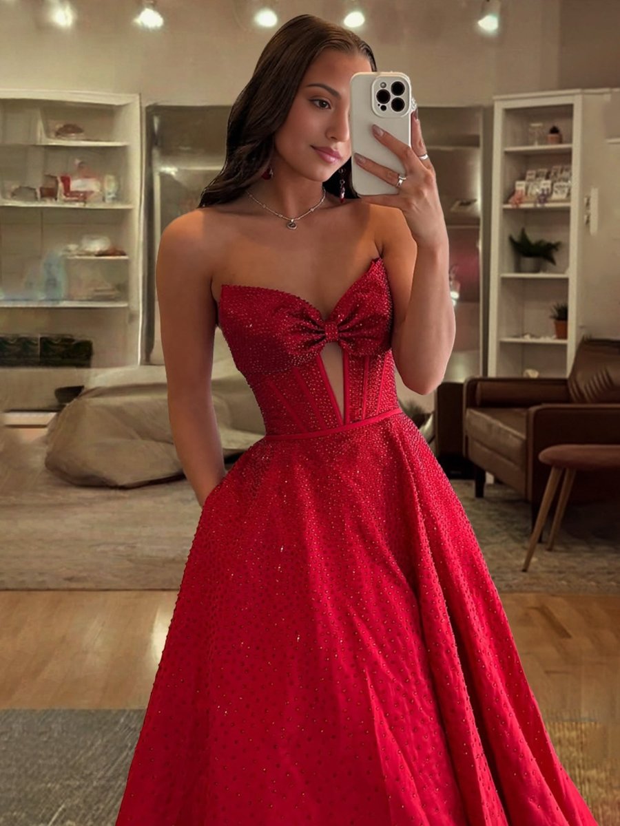 Navy Blue - Strapless Satin Beaded A Line Long Prom Dresses With Bow
