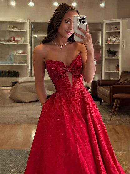 Navy Blue - Strapless Satin Beaded A Line Long Prom Dresses With Bow
