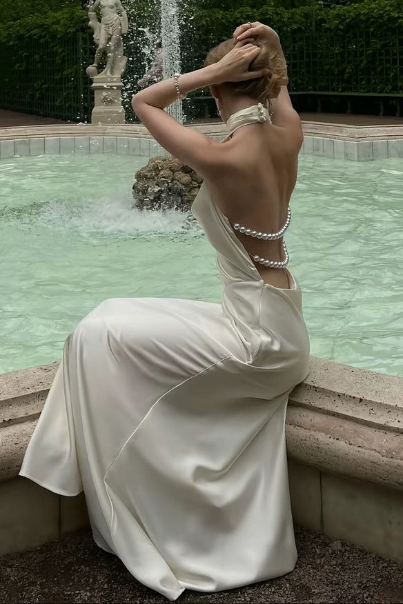 Fashionable Mermaid Halter Neck White Long Party Dress with Pearls Back