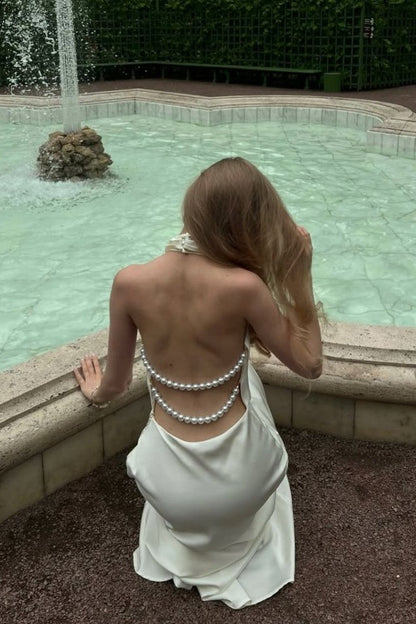 Fashionable Mermaid Halter Neck White Long Party Dress with Pearls Back