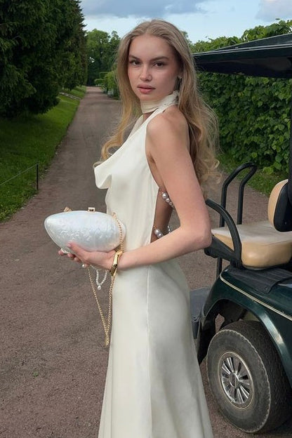 Fashionable Mermaid Halter Neck White Long Party Dress with Pearls Back