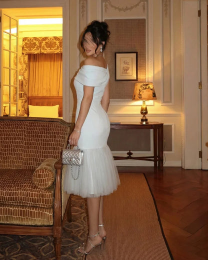 Fashionable White Off-The-Shoulder Mermaid Tea Length Prom Dress
