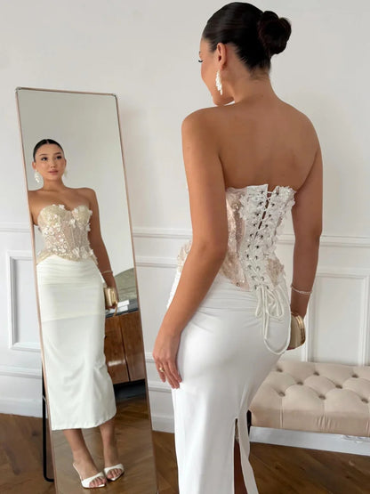 Fashionable White Sweetheart Strapless Sequins Tea Length Prom Dress