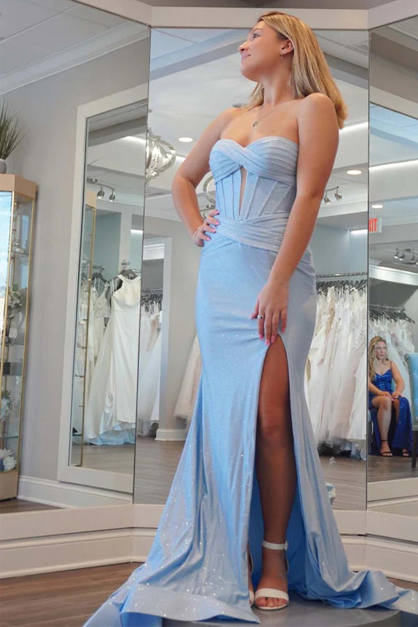 Fitted Corset Slit Strapless Light Blue Prom Dress With Split