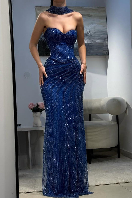 Sparkly Dark Blue Halter Evening Gown with Ruched Detailing and Scarf