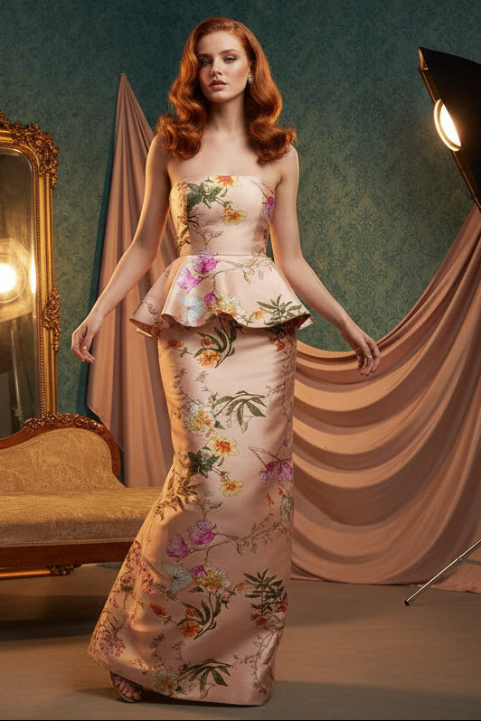 Strapless Sleeveless Ruffles Mermaid Flowers Floral Print Prom Dress