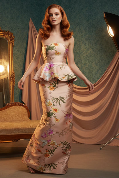 Strapless Sleeveless Ruffles Mermaid Flowers Floral Print Prom Dress