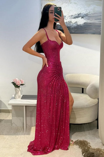 Sparkly Mermaid Spaghetti Straps Red Sequins Long Evening Dress with Ruched