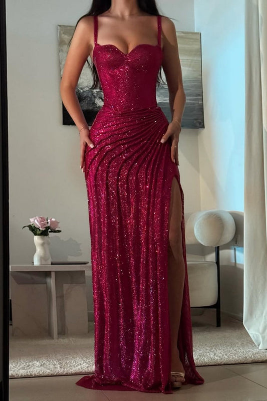 Sparkly Mermaid Spaghetti Straps Red Sequins Long Evening Dress with Ruched