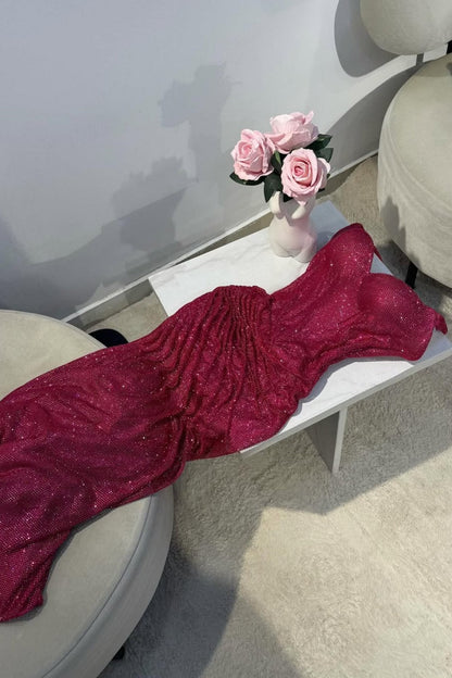 Sparkly Mermaid Spaghetti Straps Red Sequins Long Evening Dress with Ruched