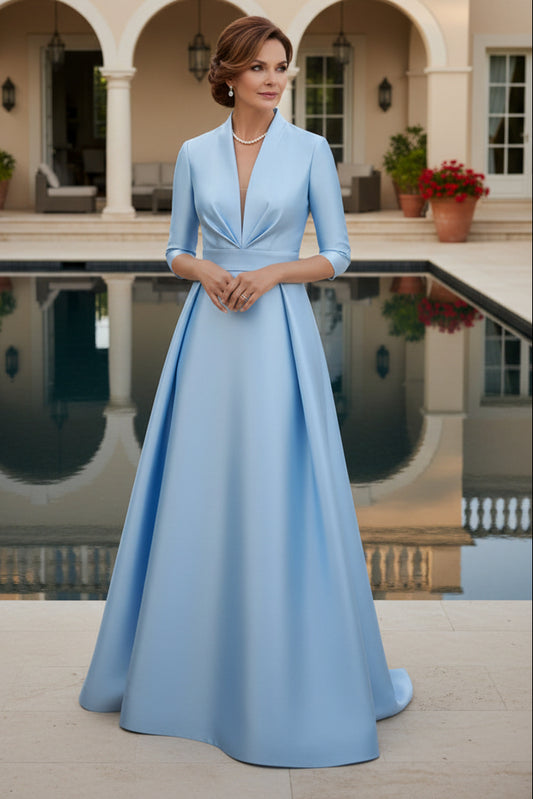 V Neck Satin Mother of the Bride Dresses with Long Sleeves