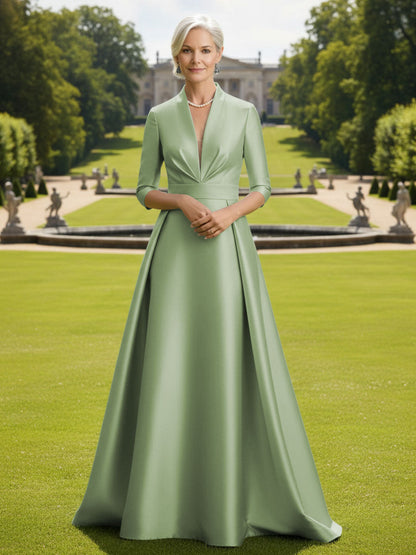 V Neck Satin Mother of the Bride Dresses with Long Sleeves
