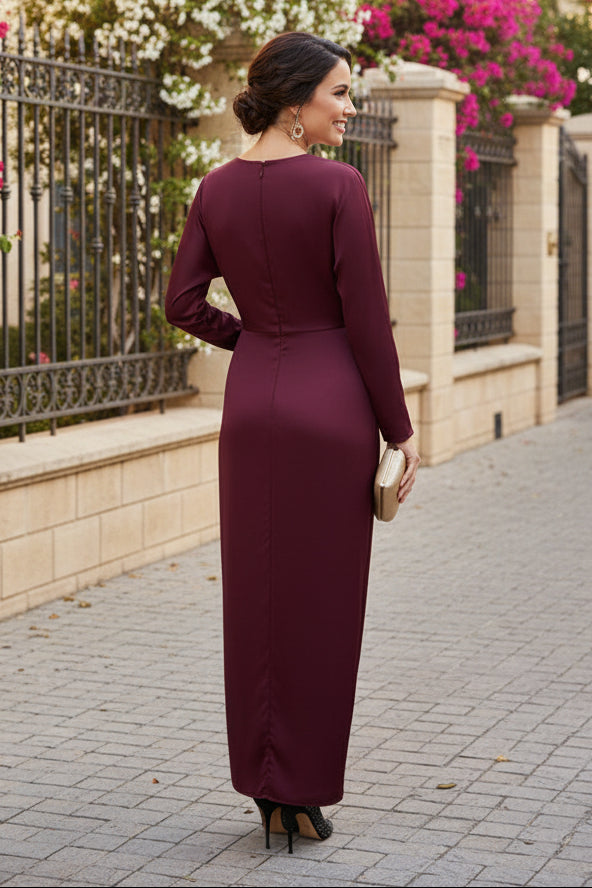 V Neck Long Sleeves Satin Mermaid Formal Dresses