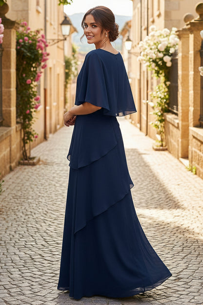 Round-Neck Tiered Chiffon Mermaid Formal Dresses with Wrap