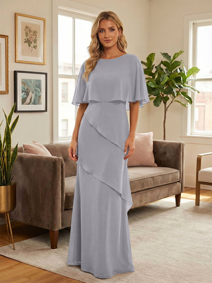 Round-Neck Tiered Chiffon Mermaid Formal Dresses with Wrap