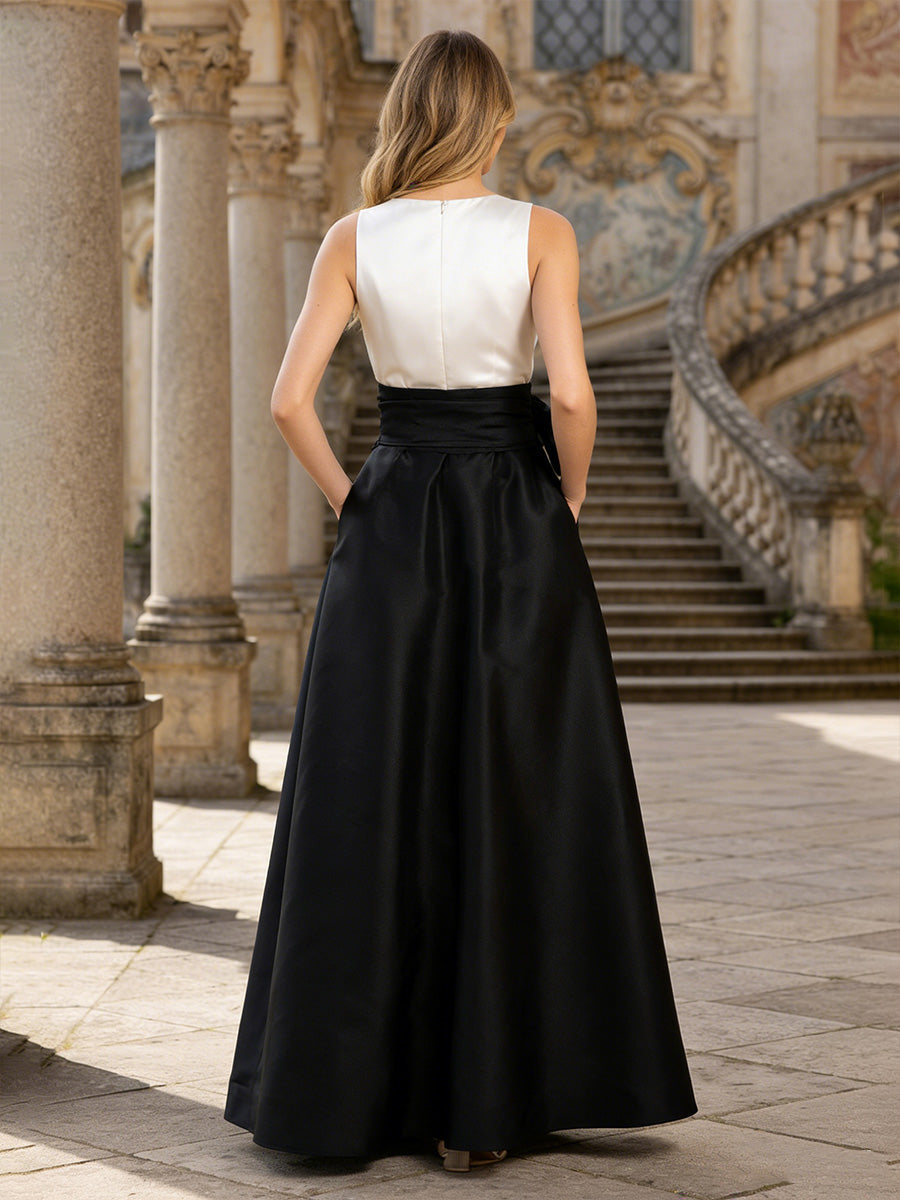 A-Line V Neck Bow Formal Dresses with Pocket