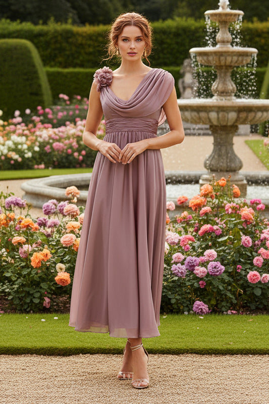 Chiffon A-Line Cowl Neck Formal Dresses with 3D Flowers
