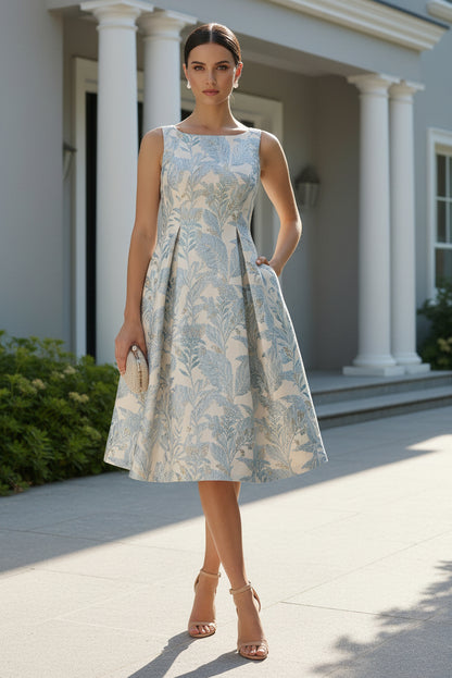 A-Line Tea-Length Sleeveless Pleated Formal Dresses