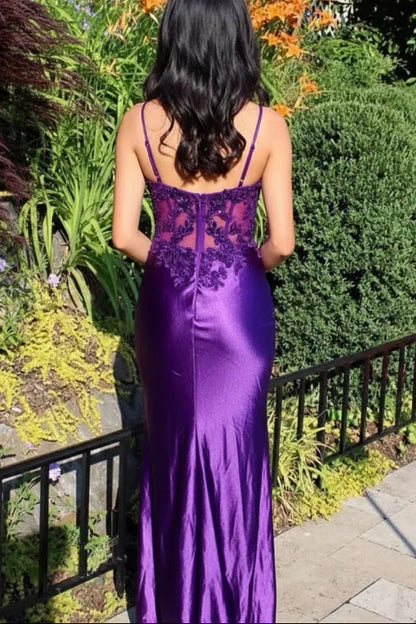 Purple V-Neck Mermaid Prom Dresses Appliques Lace Appliques Party Dress With Side Slit