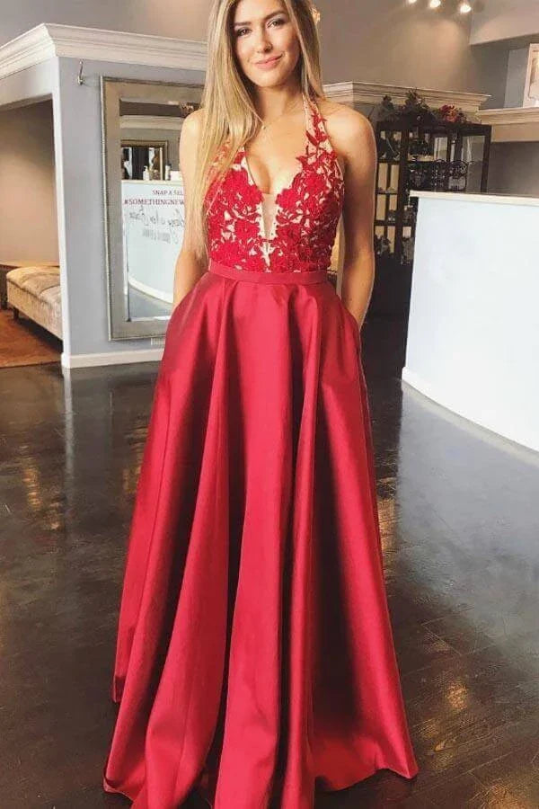 Glamorous Ball Gown Halter-Neck Sleeveless Open Back Lace Satin Prom Dress