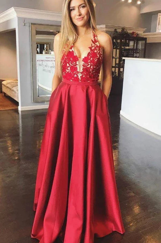 Glamorous Ball Gown Halter-Neck Sleeveless Open Back Lace Satin Prom Dress