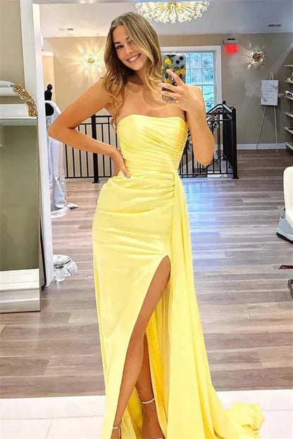 Glamorous Mermaid Strapless Open Back Ruched Satin High-Slit Train Prom Dress