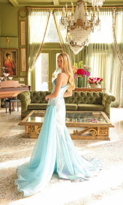 Glamorous Sequin Evening Dresses with One Shoulder Beaded Trim and Chiffon Overlay