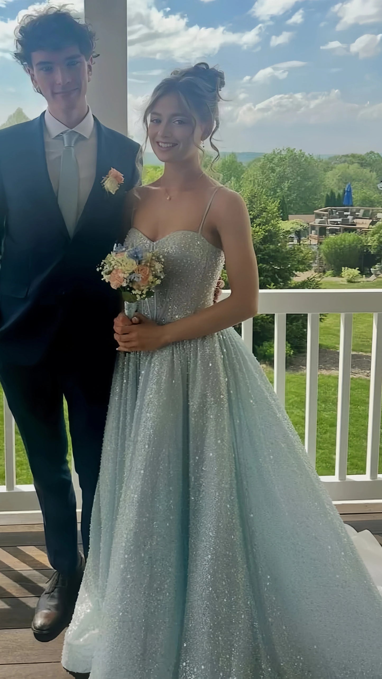 Glitter Light Blue A-Line Prom Dresses Empire-Waist Sleeveless Prom Dress