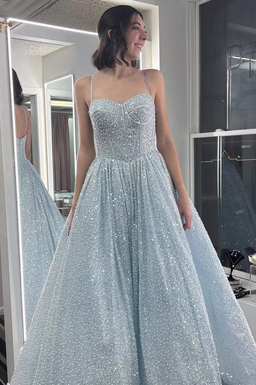 Glitter Light Blue A-Line Prom Dresses Empire-Waist Sleeveless Prom Dress
