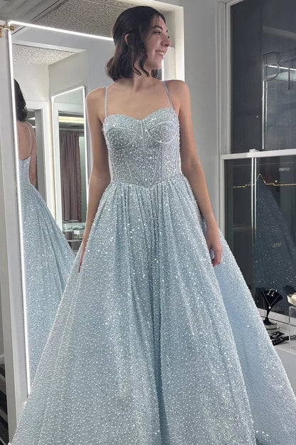 Glitter Light Blue A-Line Prom Dresses Empire-Waist Sleeveless Prom Dress
