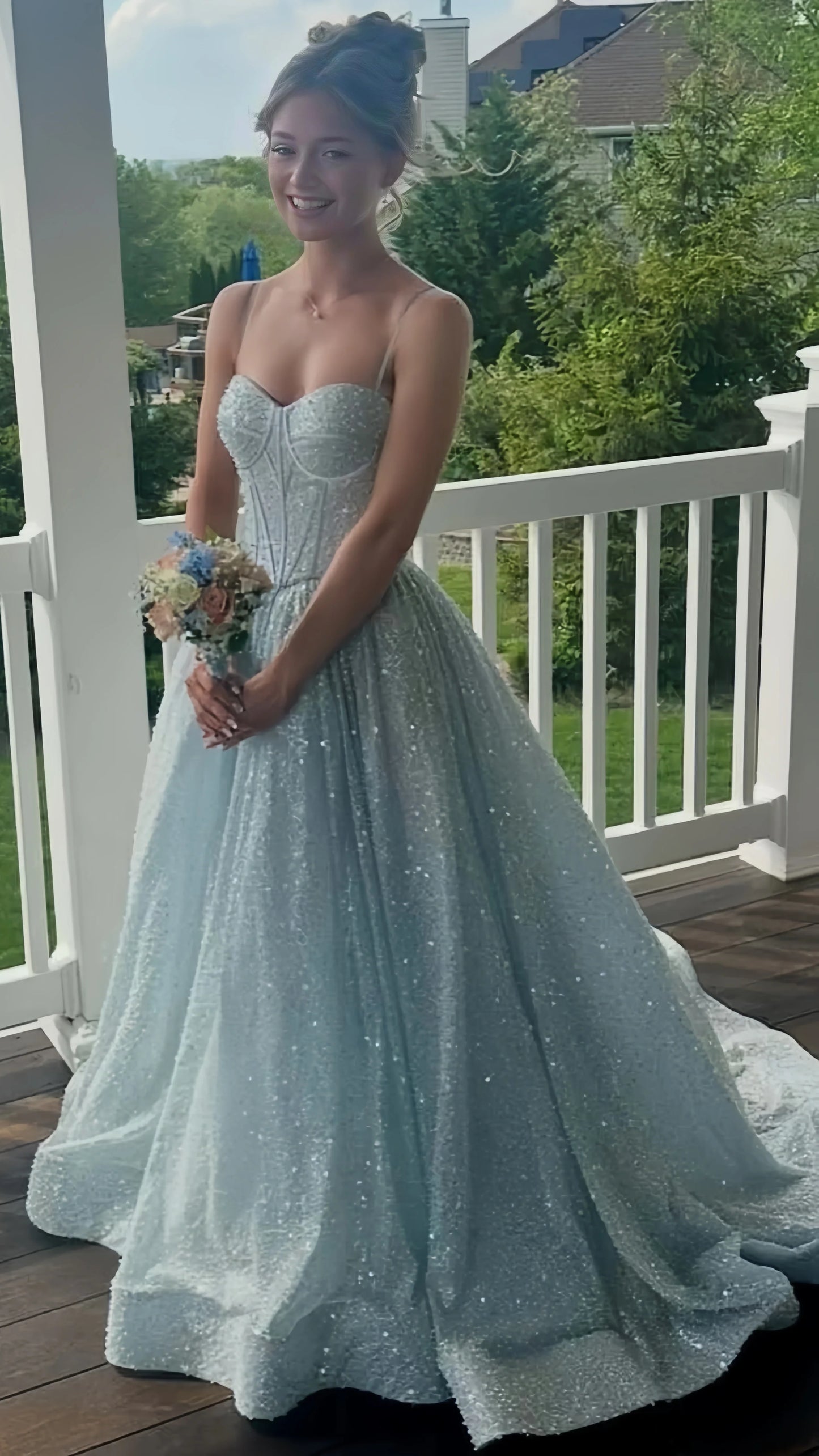 Glitter Light Blue A-Line Prom Dresses Empire-Waist Sleeveless Prom Dress