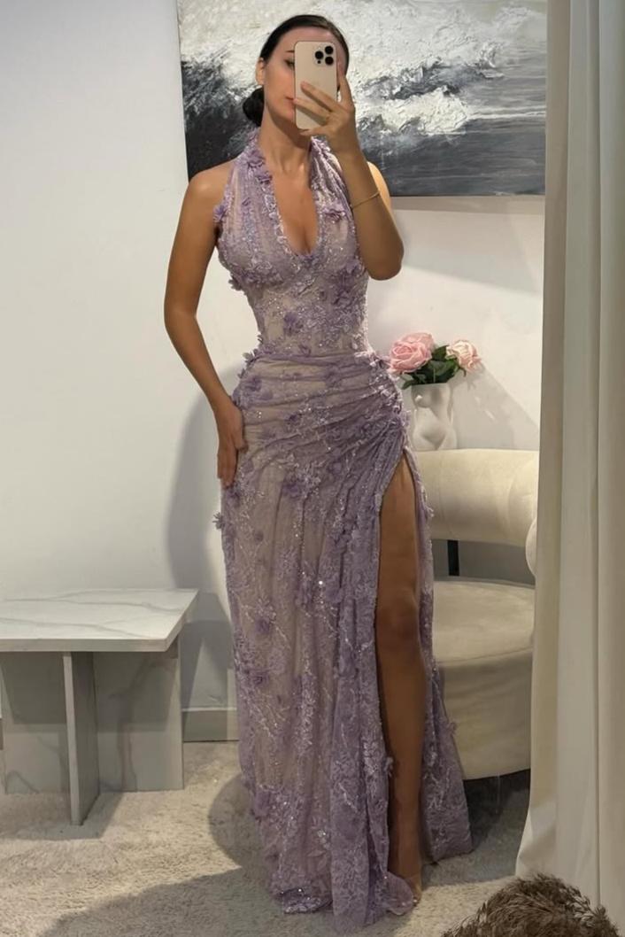 Luxurious Mermaid Halter Neck Green Long Prom Dress with Appliques Split Front