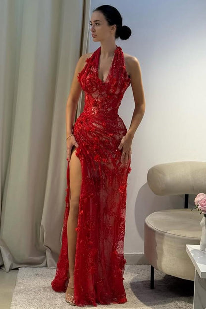 Luxurious Mermaid Halter Neck Green Long Prom Dress with Appliques Split Front