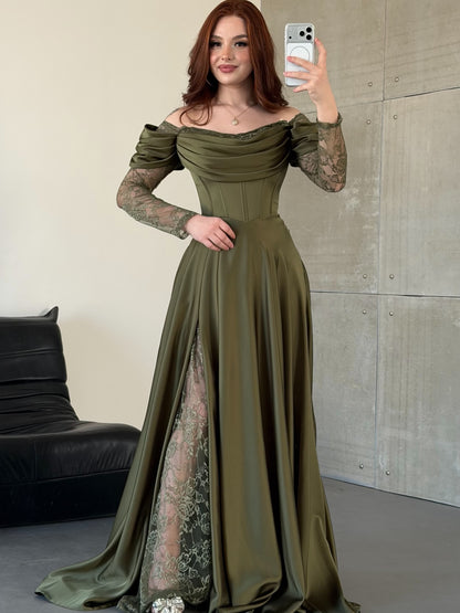 Green Off-The-Shoulder Lace Long Sleeves Split A-Line Evening Dress