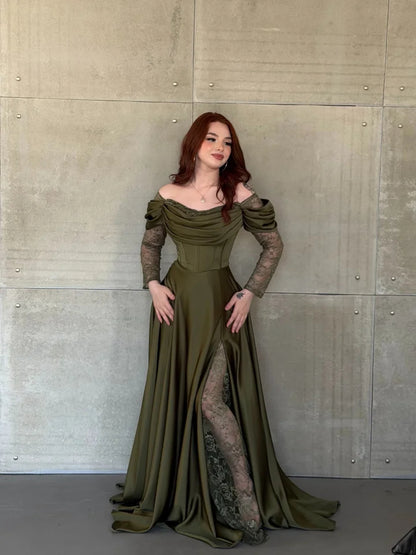 Green Off-The-Shoulder Lace Long Sleeves Split A-Line Evening Dress