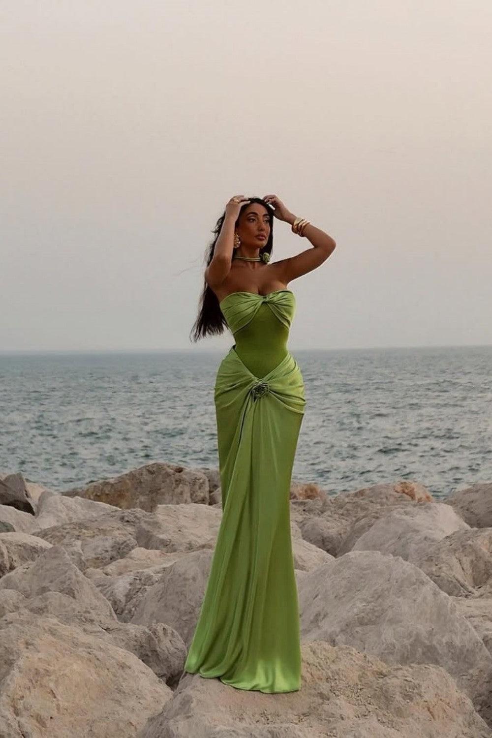 Green Ruched Bodice Mermaid Draped Maxi Prom Dress With Rosette Detail Formal Evening Gown